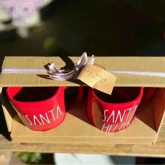 NEW SET of 2 Rae Dunn Red & White Coffee Mugs/Cups  - SANTA & SANTA’S HELPER - Picture 3 of 3